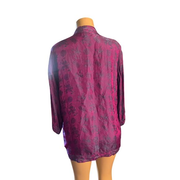 Women One Size Endless Knot Art 100% Silk Purple Asian Print Shirt Jacket Top - Picture 4 of 6
